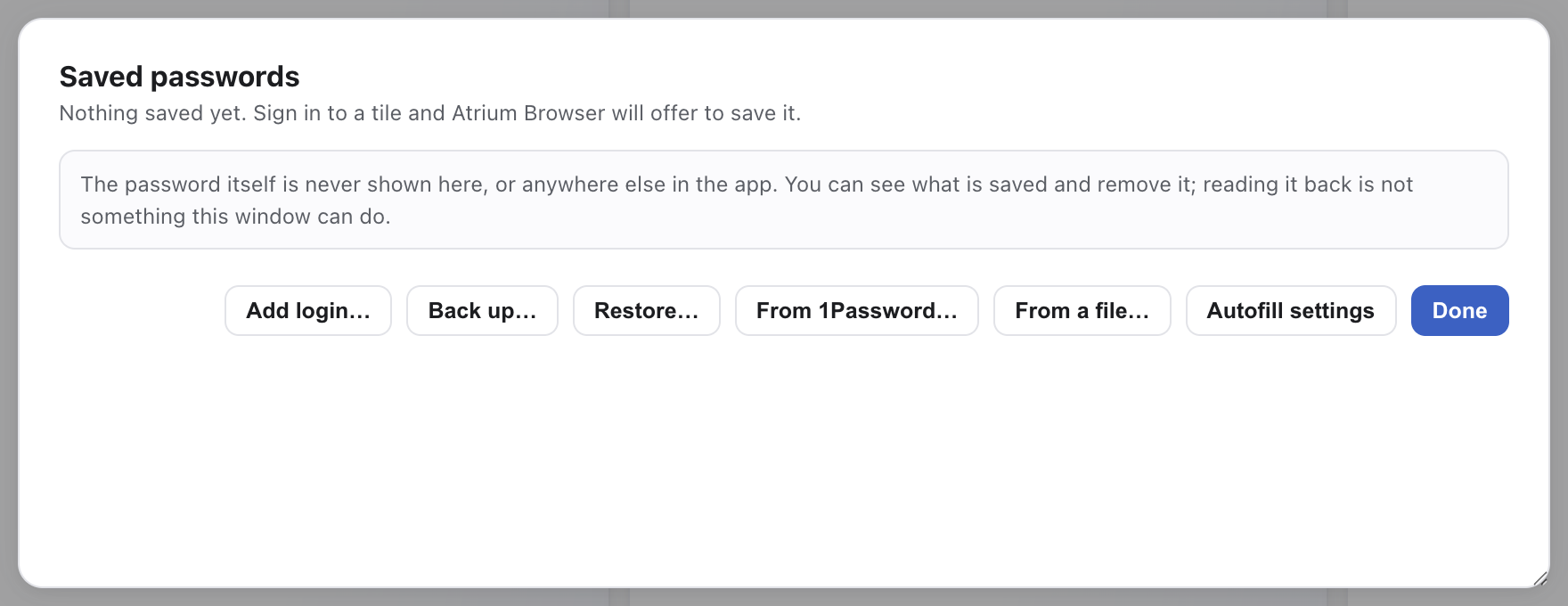 The Saved passwords window with the From 1Password button