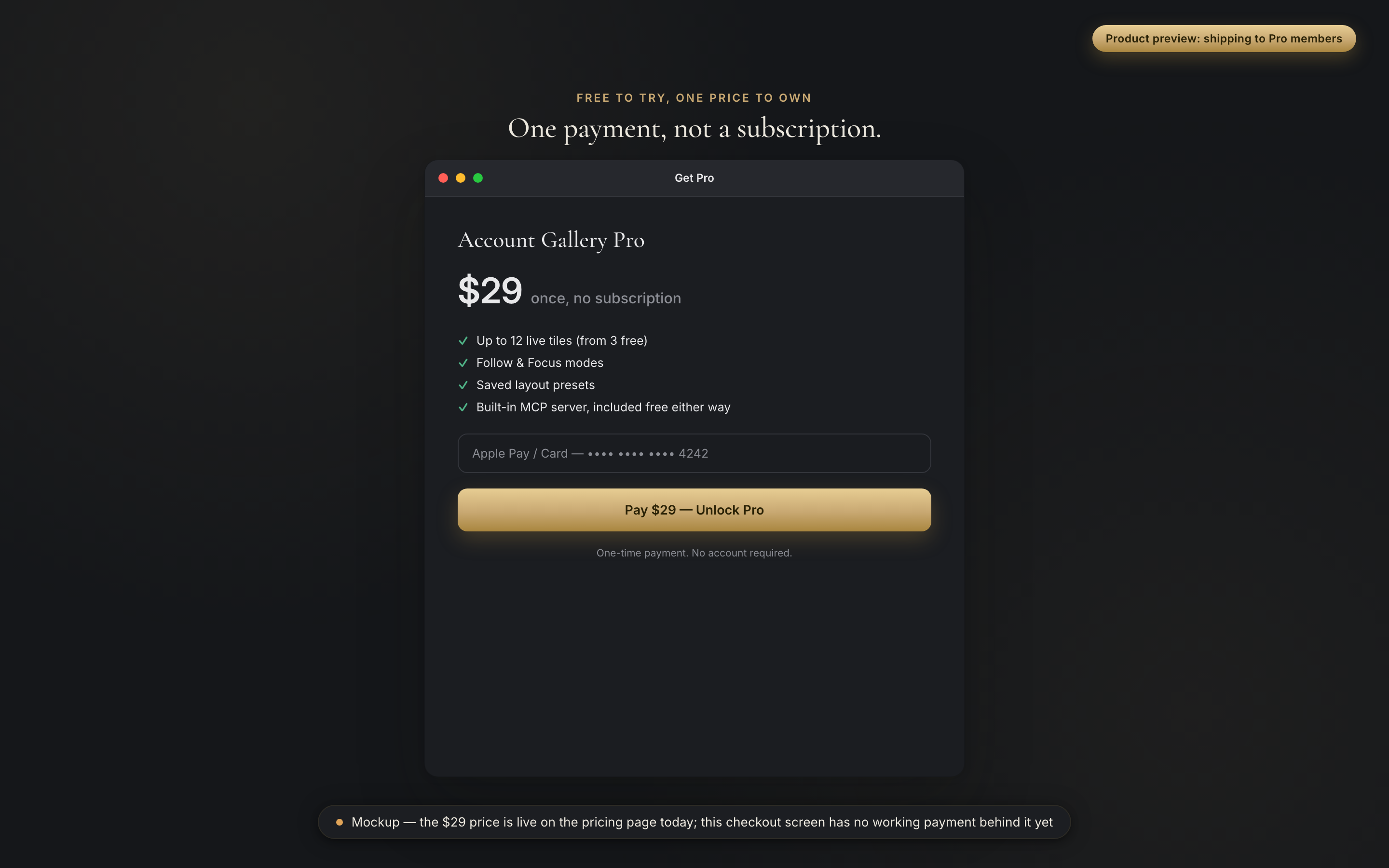 Product preview of the Get Pro checkout screen, dark mode: Atrium Browser Pro at $29 once.