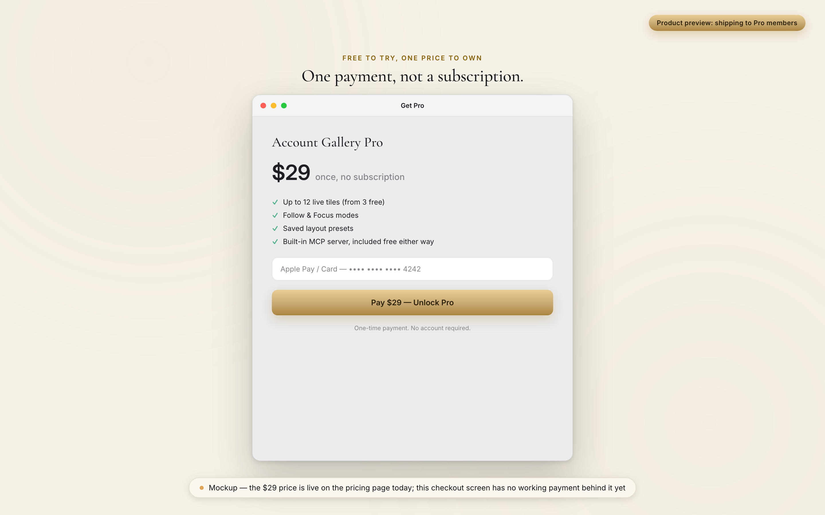Product preview of the Get Pro checkout screen: Atrium Browser Pro at $29 once.